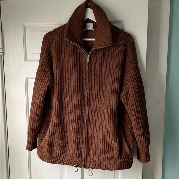 Kohls FLX Light Brown Ribbed Chenille Zip-Up Commuter Oversized Sweater Jacket - Picture 2 of 6